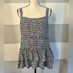 Banana Republic Silk Paisley Cross Back Ruffle Navy and White Baby Doll Top L